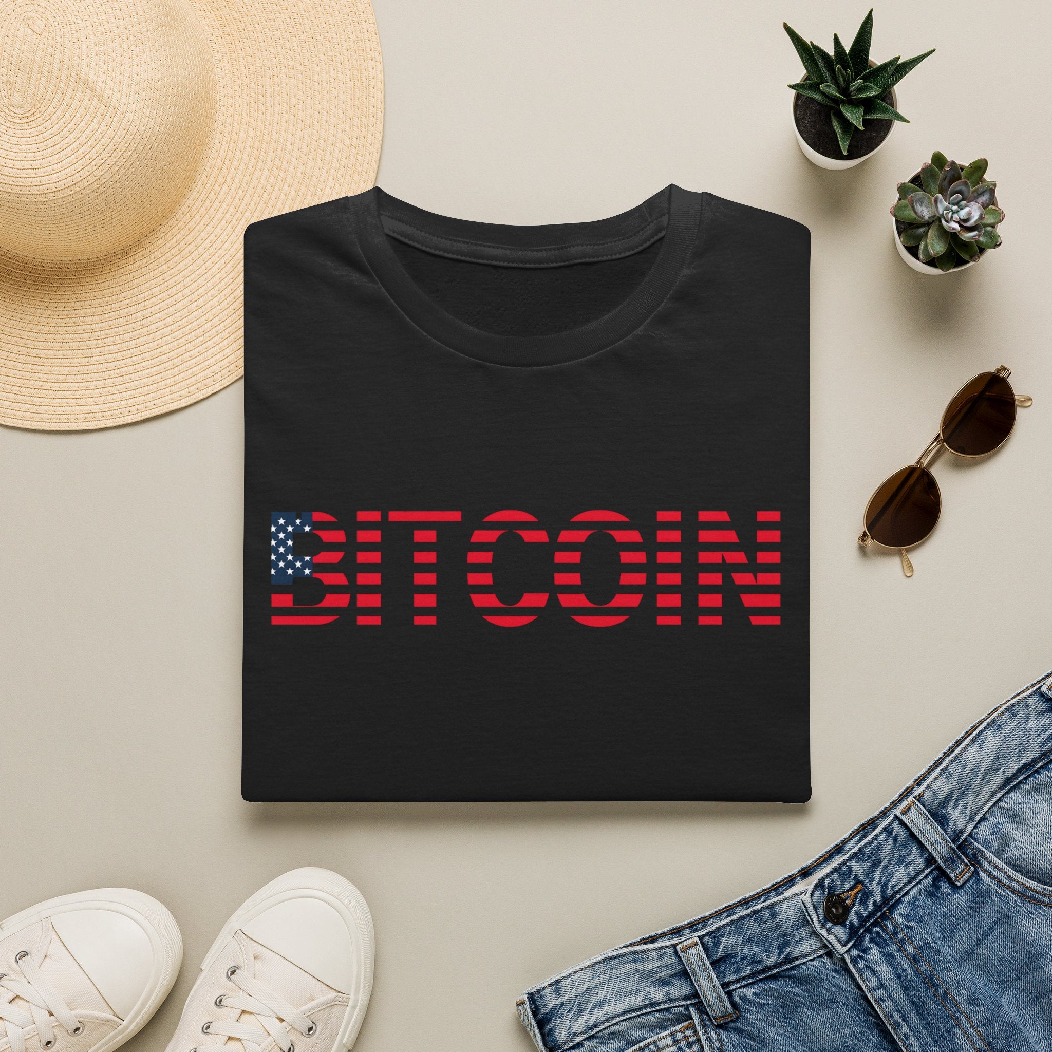 Sats and Stripes Patriotic Bitcoin & Freedom Stars Stripes and Sound Money T-shirt Black Folded