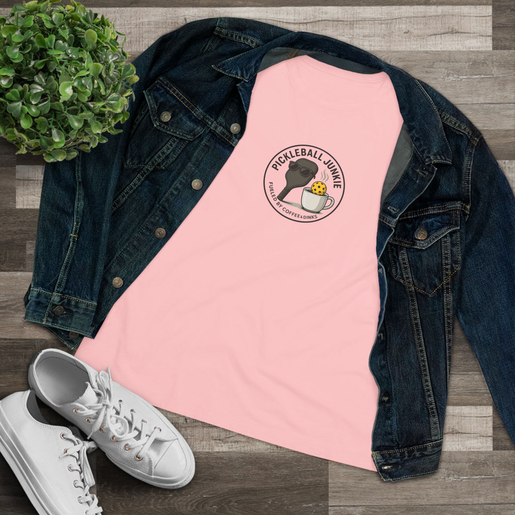 Sats and Stripes Pickleball Junkie Women's Tee Funny Pickleball Shirt Coffee Lover Pickleball Gift Pink