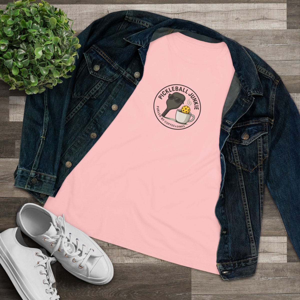 Sats and Stripes Pickleball Junkie Women's Tee Funny Pickleball Shirt Coffee Lover Pickleball Gift Pink