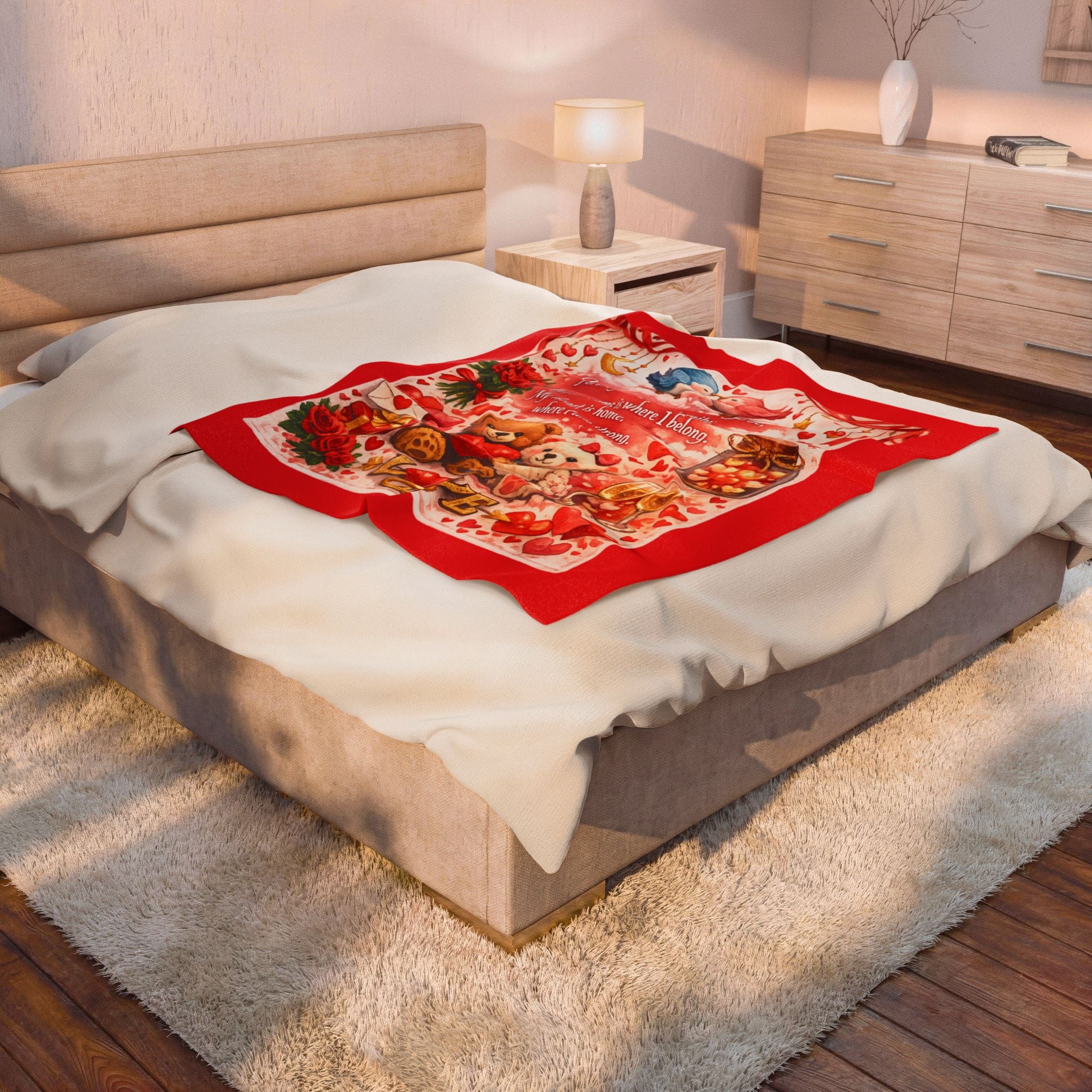Romantic Love Throw Blanket Valentine Teddy Bears Heart Poem Cozy Gift for Couples Anniversary or Wedding Keepsake 50" x 60"