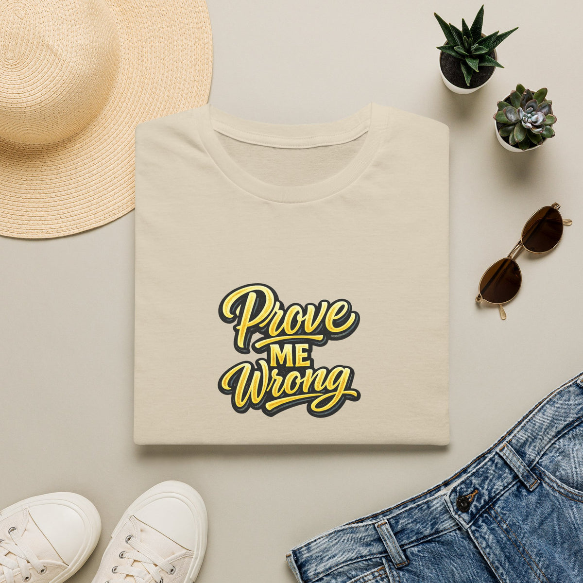 SatsandStripes.com Prove Me Wrong Shirt Silence the Doubters Bold Statement Tee Motivational Streetwear Sand Folded
