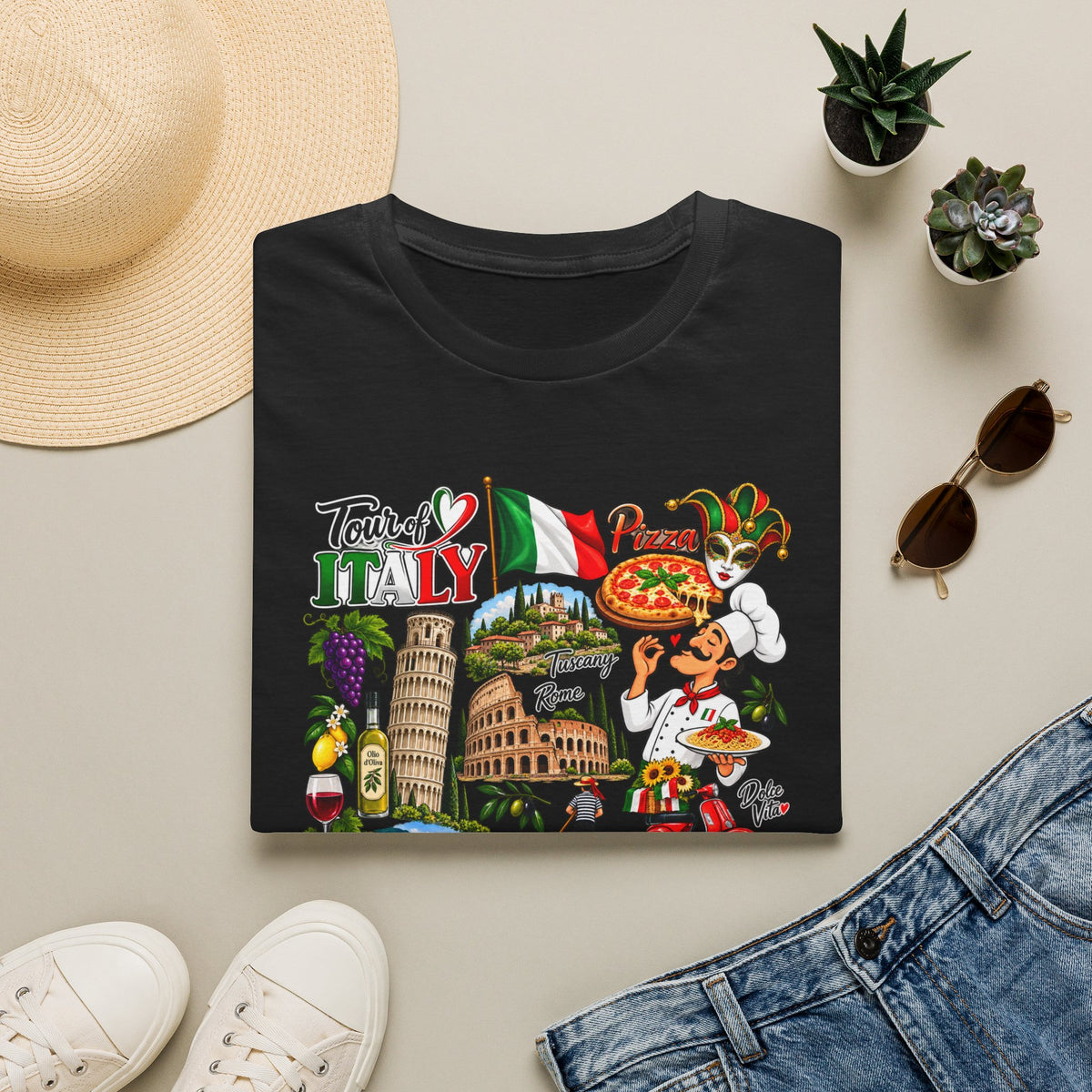 Tour of Italy Unisex T-Shirt – Italian Travel, Pizza, Venice & Rome Graphic Tee Black Folded
