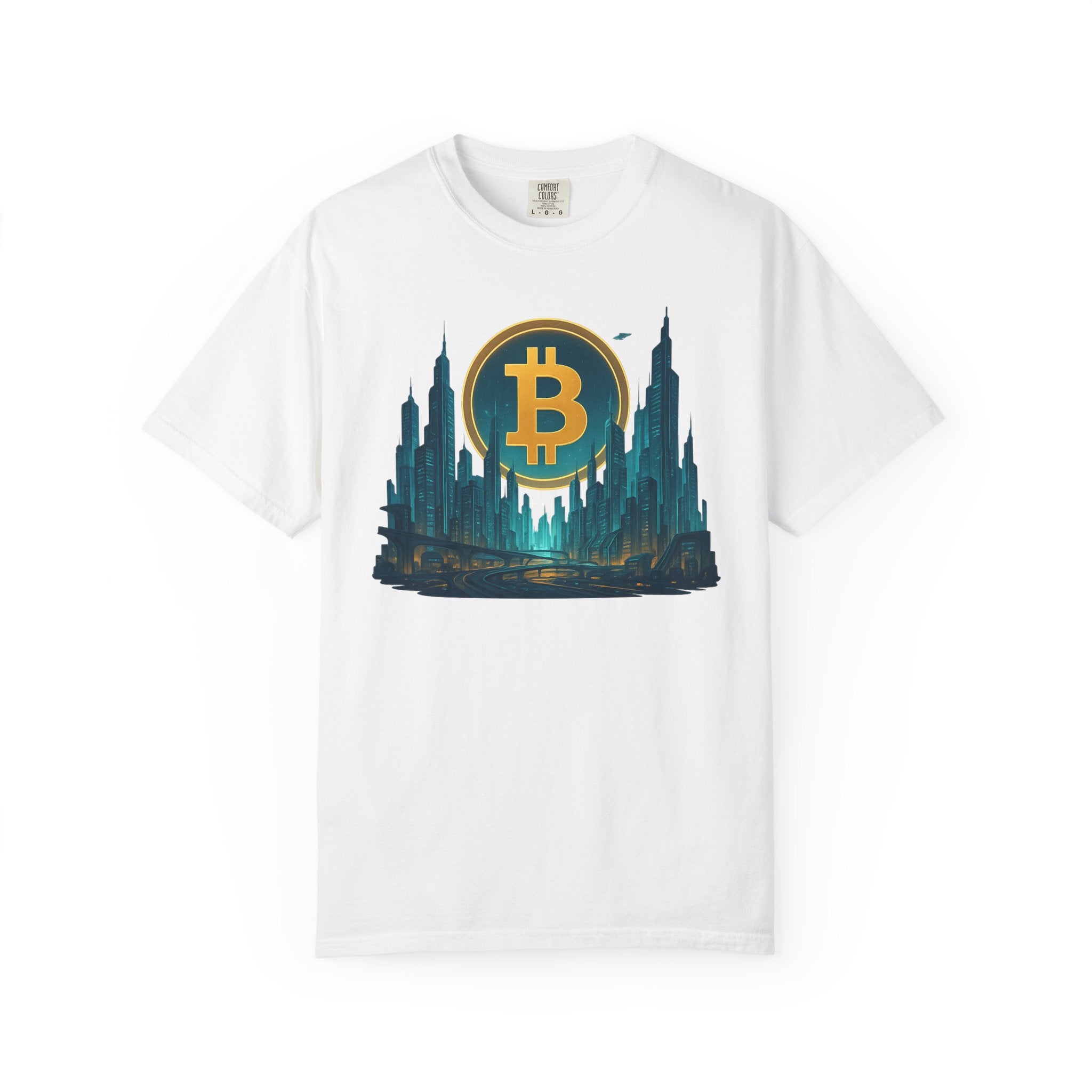 Sats and Stripes Futuristic Bitcoin City T-Shirt Neon Crypto Skyline Tee for Bitcoin Enthusiasts White