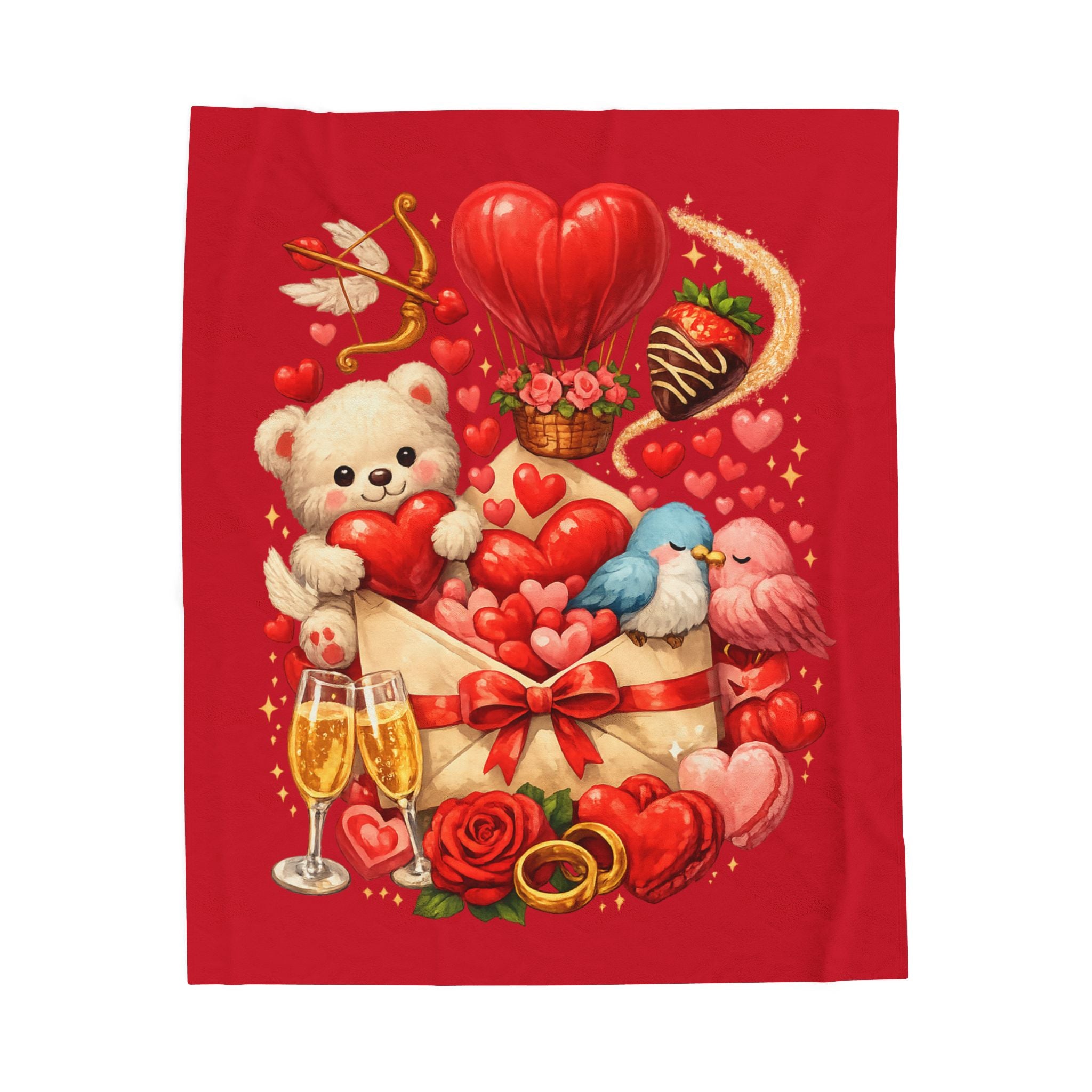 Valentine Love Blanket Throw Teddy Bear Hearts Roses & Champagne Cozy Velveteen Blanket Gift 50" x 60"