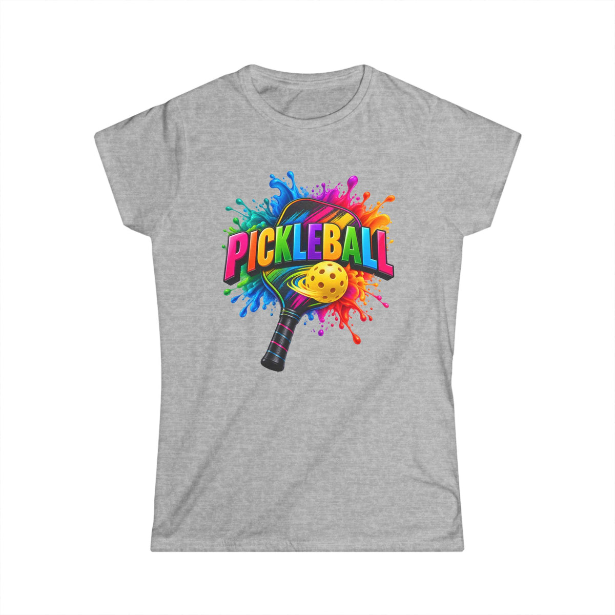 SatsandSripes.com Color Splash Pickleball Women’s SoftStyle T-Shirt – Bright Paddle & Ball Graphic Tee Sport Grey