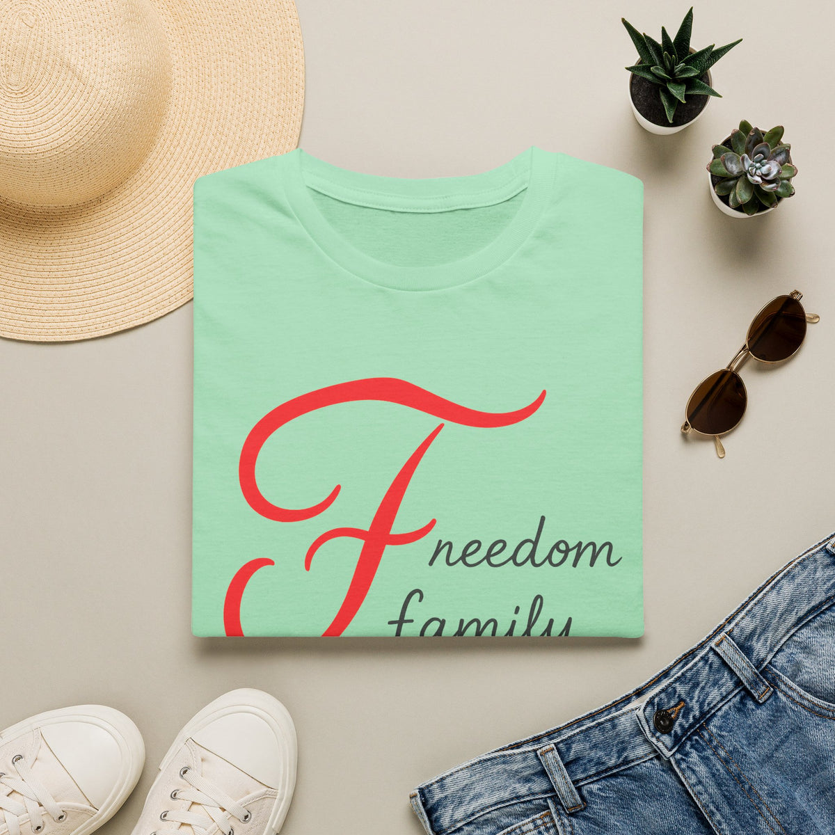 SatsandStripes.com Freedom Family Faith T-Shirt Inspirational Christian Tee Mint Green Folded