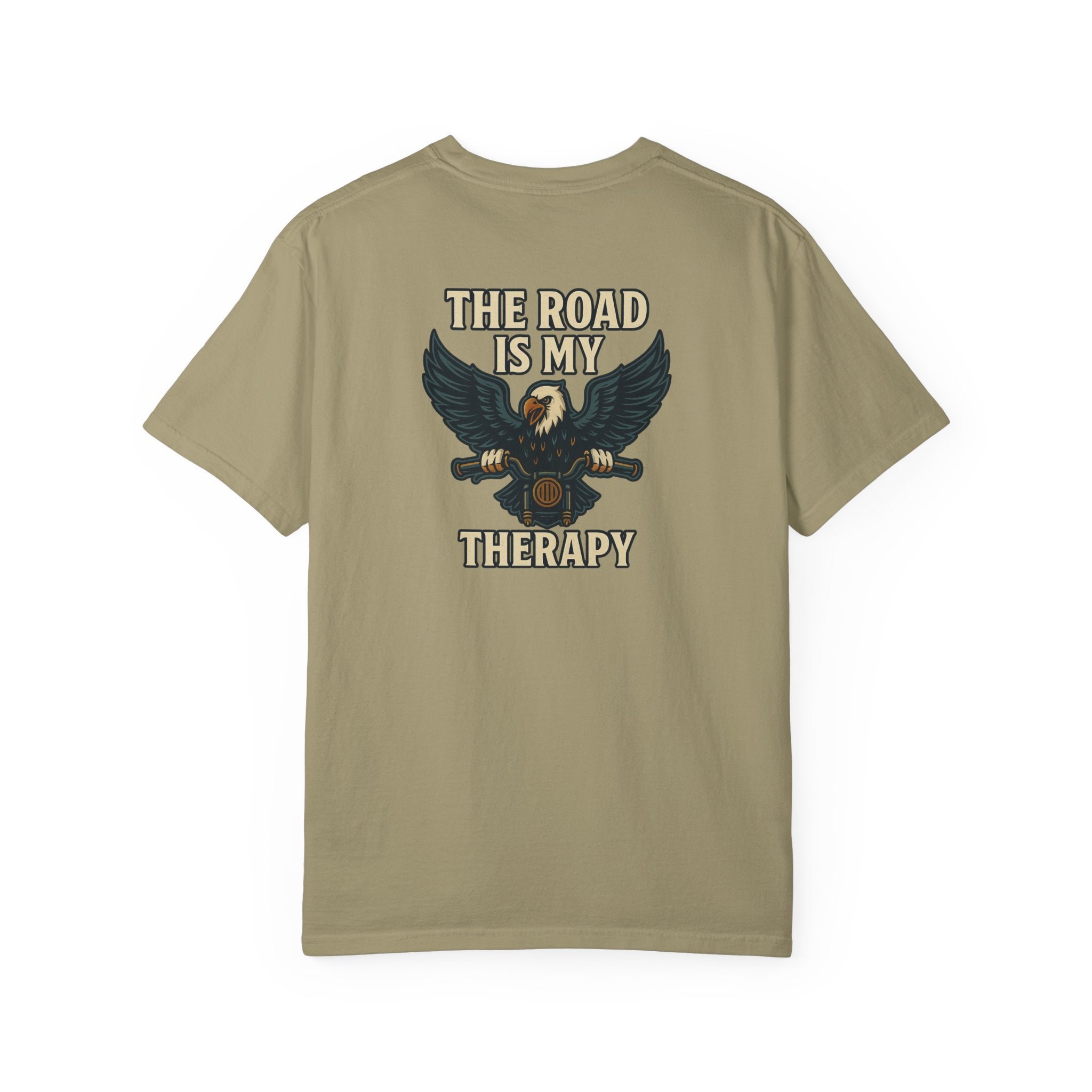 Sats and Stripes The Road is my Therapy T-shirt Harley Motorcycle Rider Tee Khaki