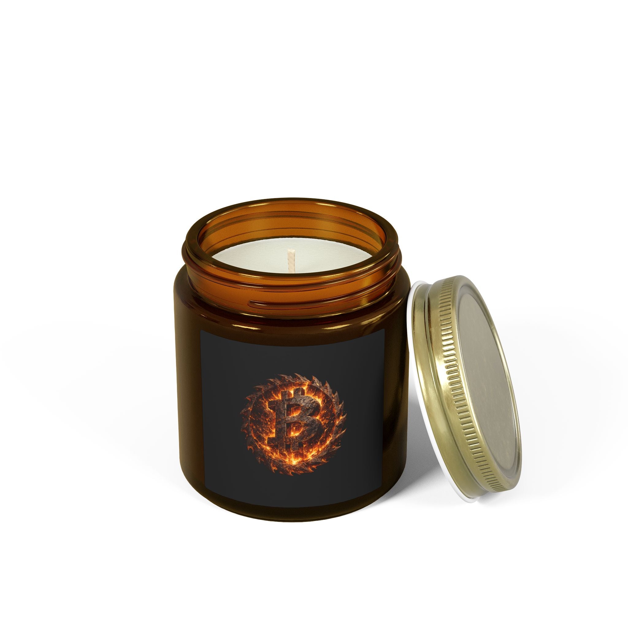 Fiery Bitcoin Logo Candle Coconut Apricot Wax Candle 4oz 9oz