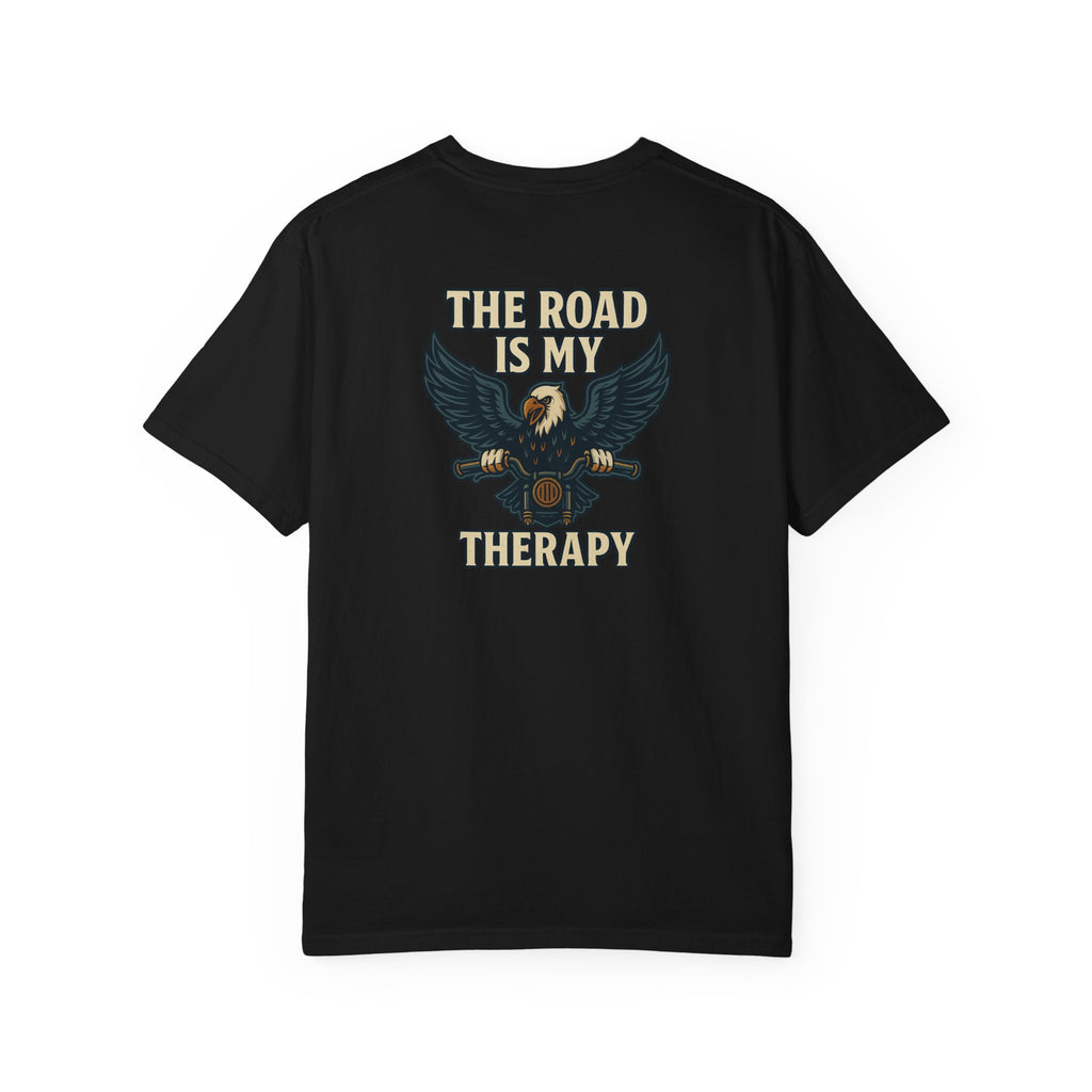 Sats and Stripes The Road is my Therapy T-shirt Harley Motorcycle Rider Tee Black