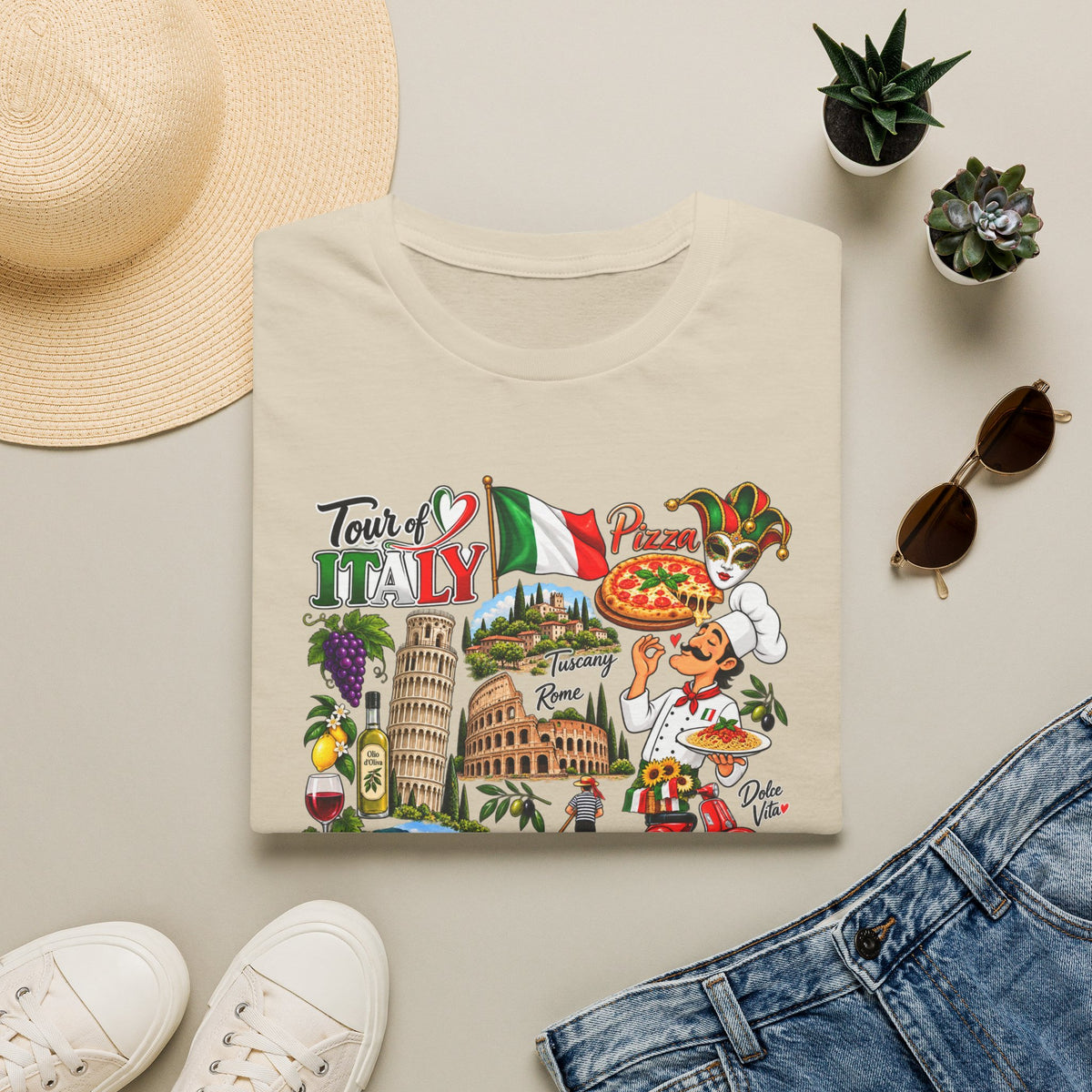 Tour of Italy Unisex T-Shirt – Italian Travel, Pizza, Venice & Rome Graphic Tee Sand Folded