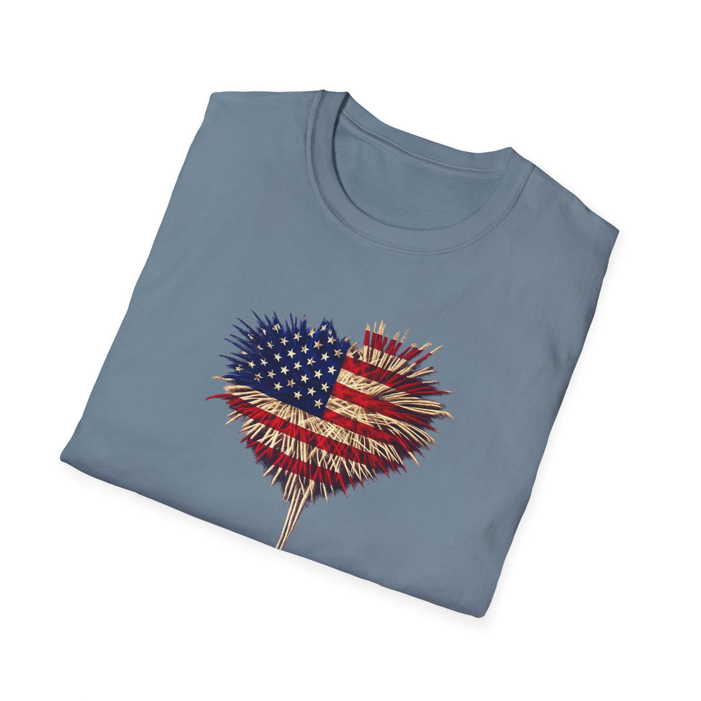 American Flag Fireworks Heart T-Shirt Patriotic 4th of July Shirt USA Independence Day Tee 7 colors 100% cotton