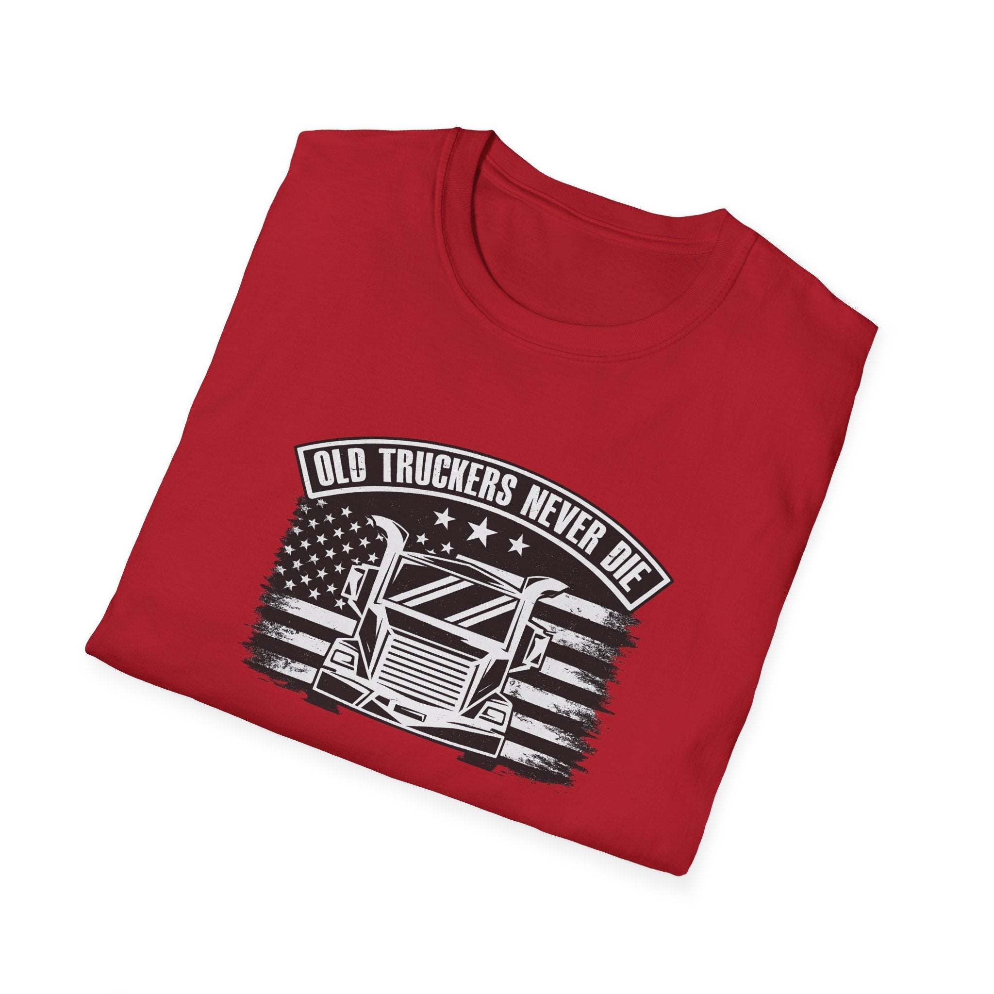 Sats and Stripes Old Truckers Never Die T-Shirt Trucker Shirt Red Folded