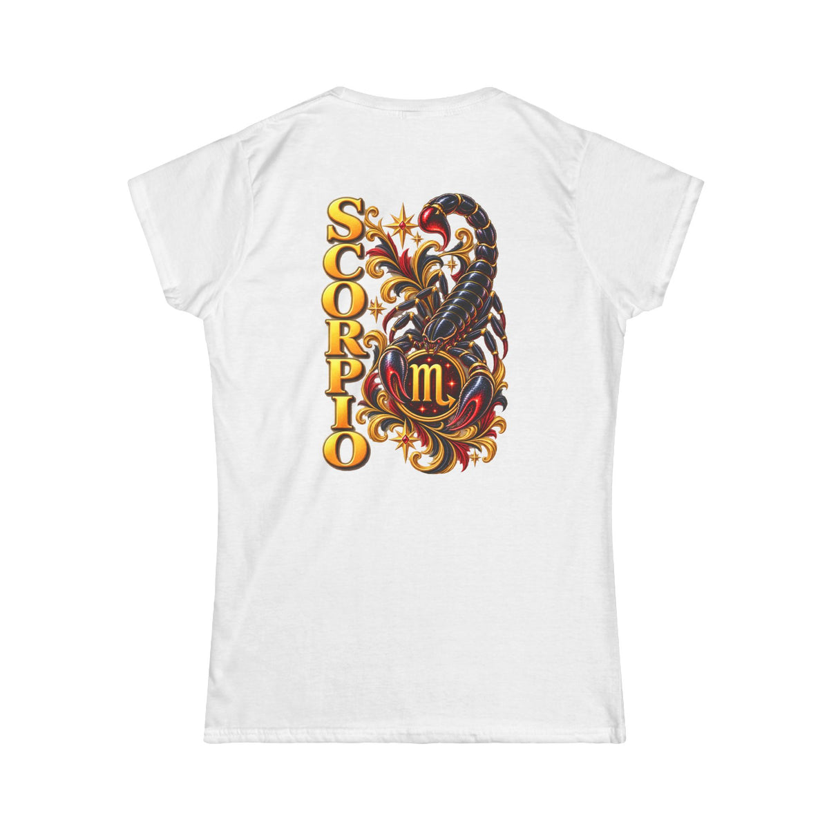 SatsandStripes.com Scorpio Zodiac Women’s SoftStyle T-Shirt – Bold Scorpion Back Print Astrology Tee White