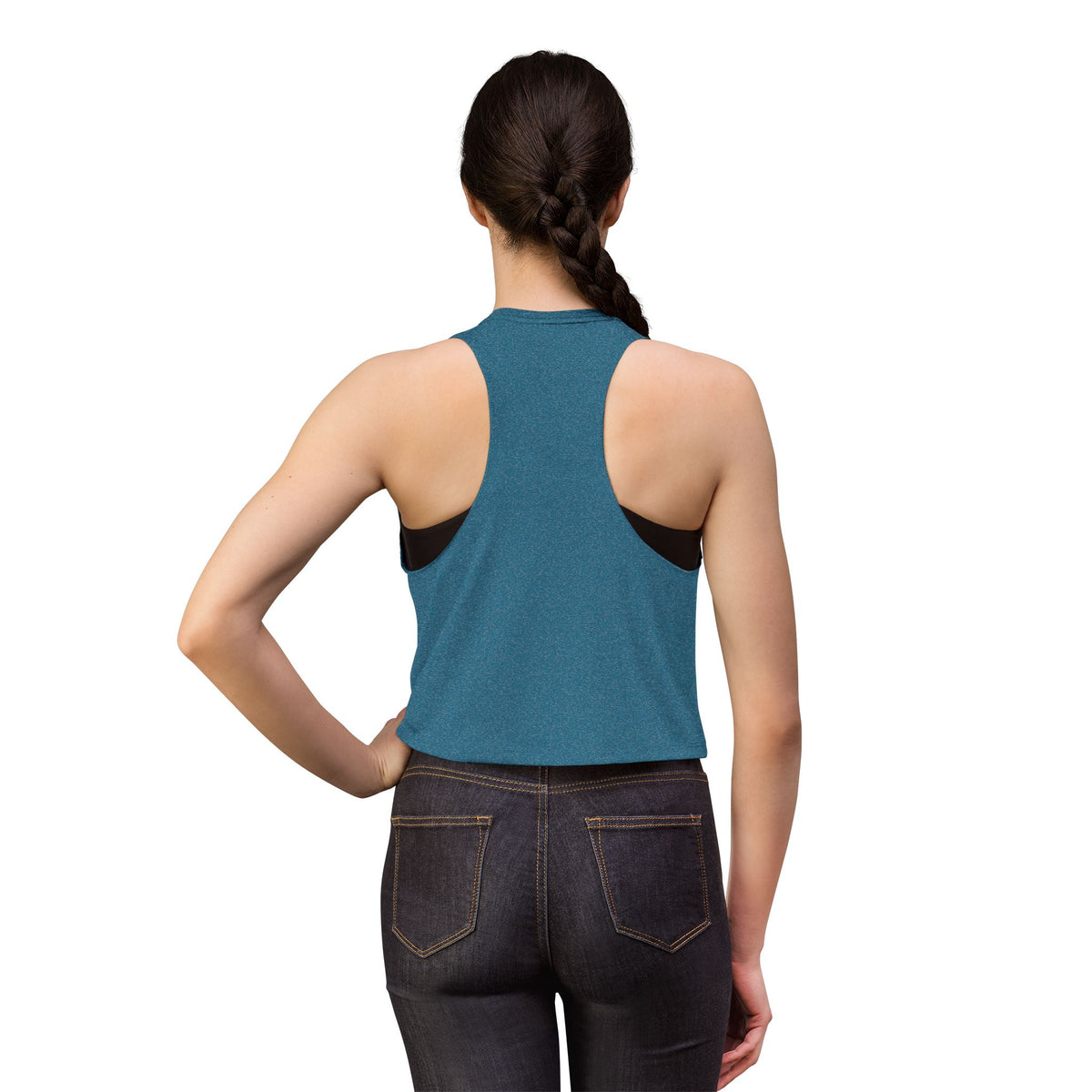 SatsandStripes.com Purple No Excuses. Just Results. Women’s Fitness Crop Top – Purple Barbell Workout Shirt Back View Teal