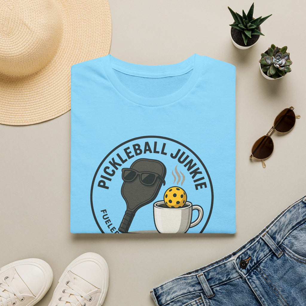 Sats and Stripes Pickleball Junkie Tee Fueled by Coffee & Dinks Sky Blue Folded