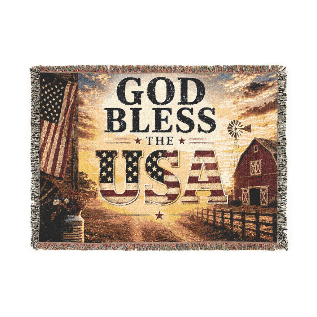 SatsandStripes.com God Bless the USA Patriotic Woven Blanket – 52" x 37" Cotton Yarn Throw