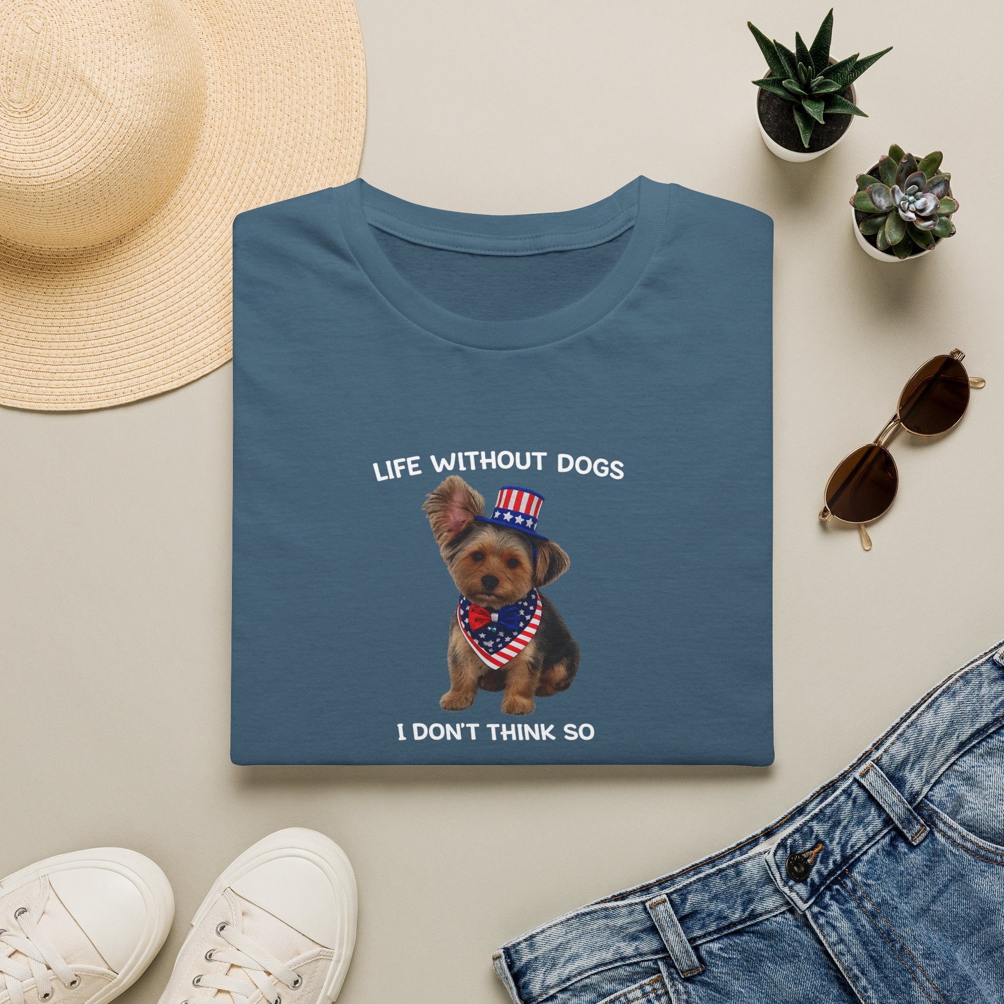Sats and Stripes Life Without Dogs I Don't Think So Patriotic Yorkie T-Shirt Indigo Blue