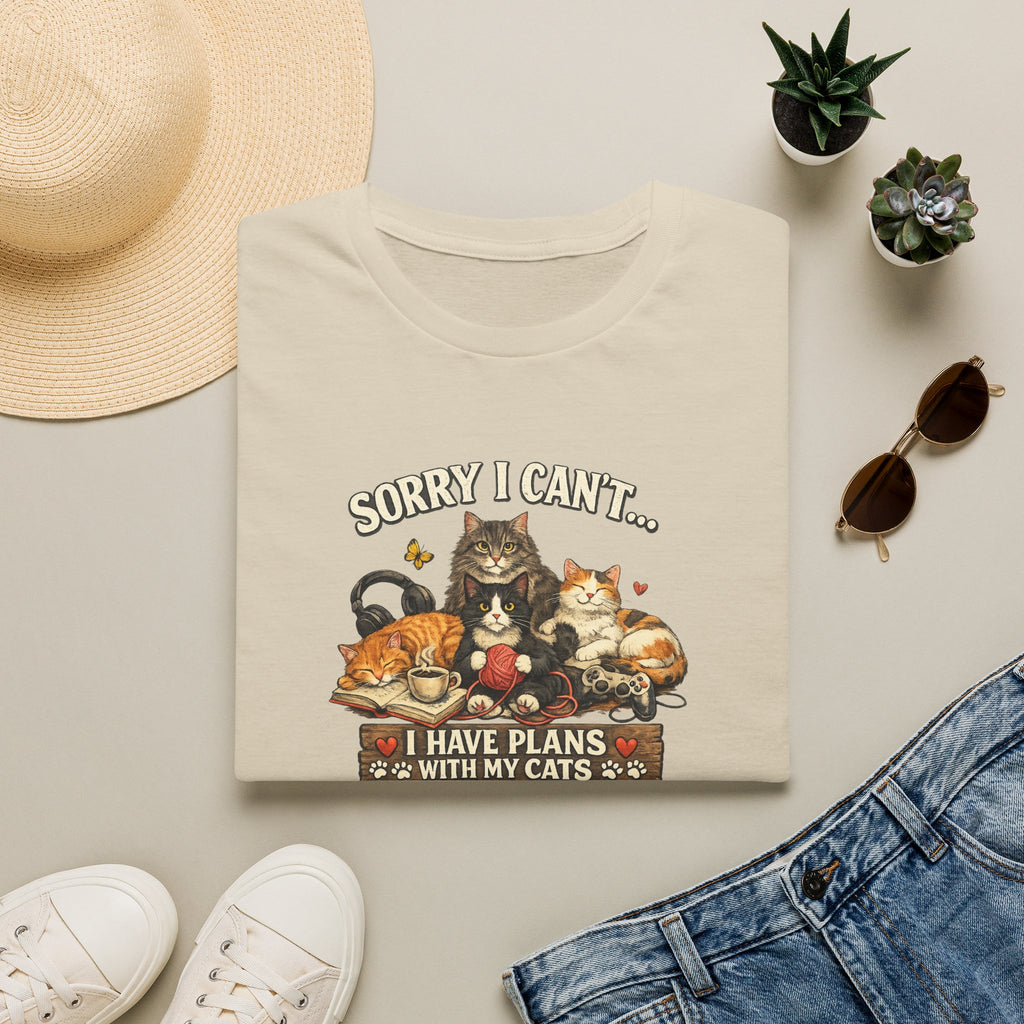 Sorry I Can't Have Plans With My Cats SatsandStripes.com T-Shirt Cat Mom Tee Pet Lover Gift Cute Cat Graphic Tee Sand Folded