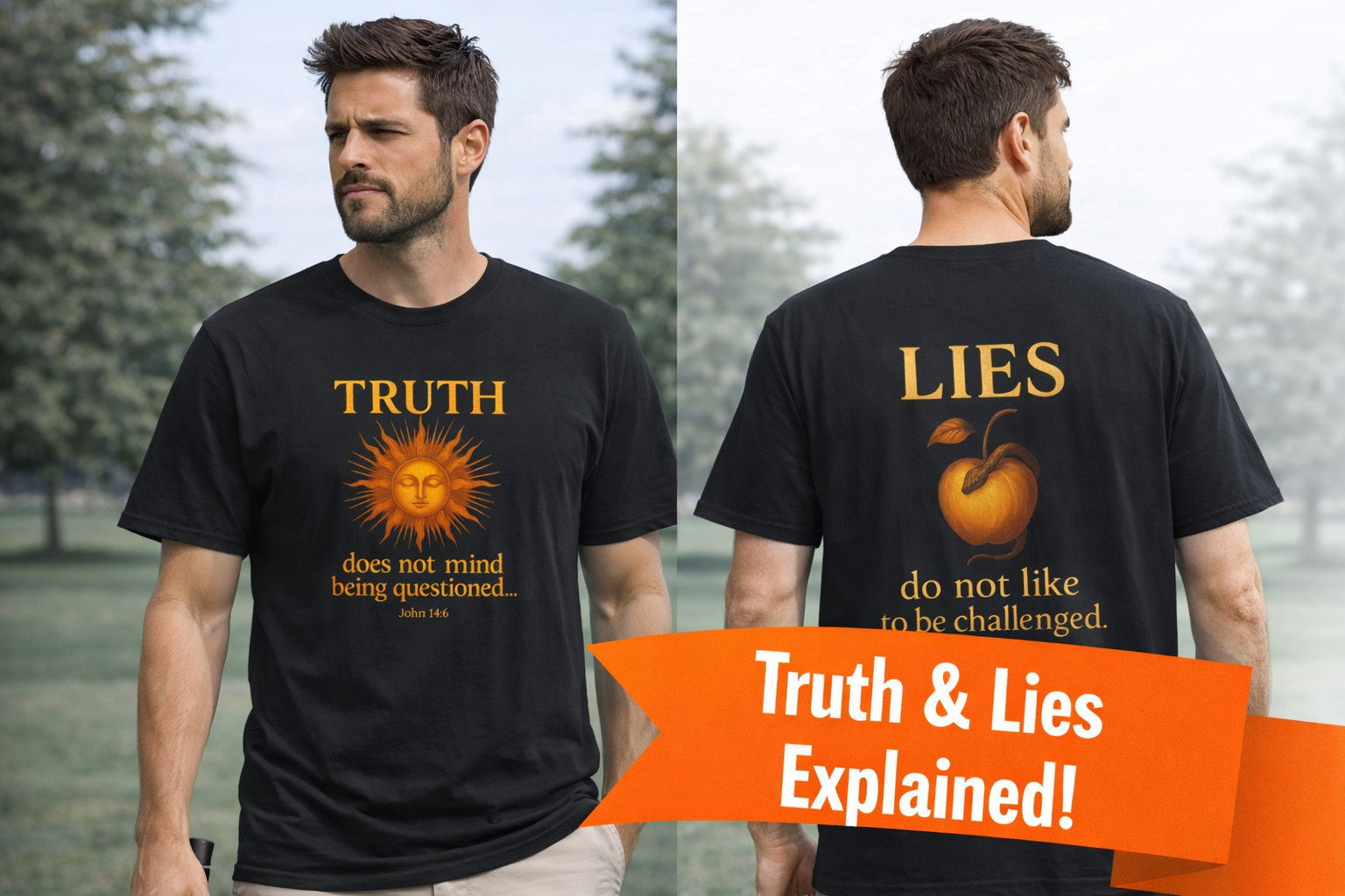 Christian T-Shirt TRUTH vs LIES Spiritual Battle Tee Sun & Forbidden Fruit Graphic Religious Faith Shirt 2 colors 100% cotton