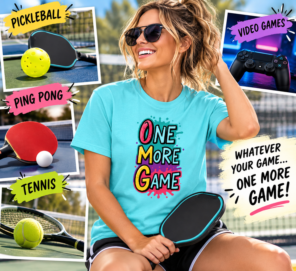 SatsandStripes.com OMG - One More Game T-shirt OMG Pickleball, Table Tennis Video Game
