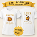 SatsandStripes.com Christian T-Shirt TRUTH vs LIES Spiritual Battle Tee Sun & Forbidden Fruit Graphic White