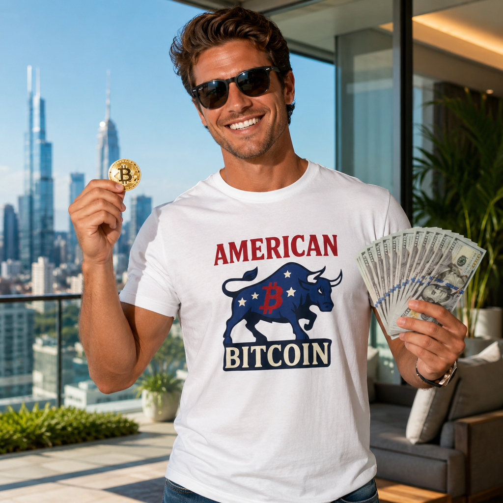 SatsandStripes.com American Bitcoin Red White & Bull T-Shirt White Male model holding fiat & a coin