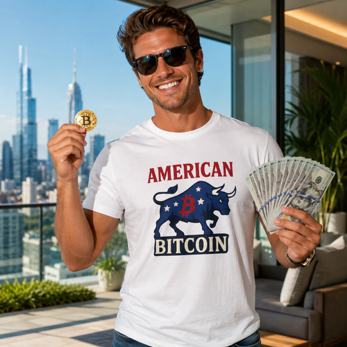 SatsandStripes.com American Bitcoin Red White & Bull T-Shirt White Male model holding fiat & a coin