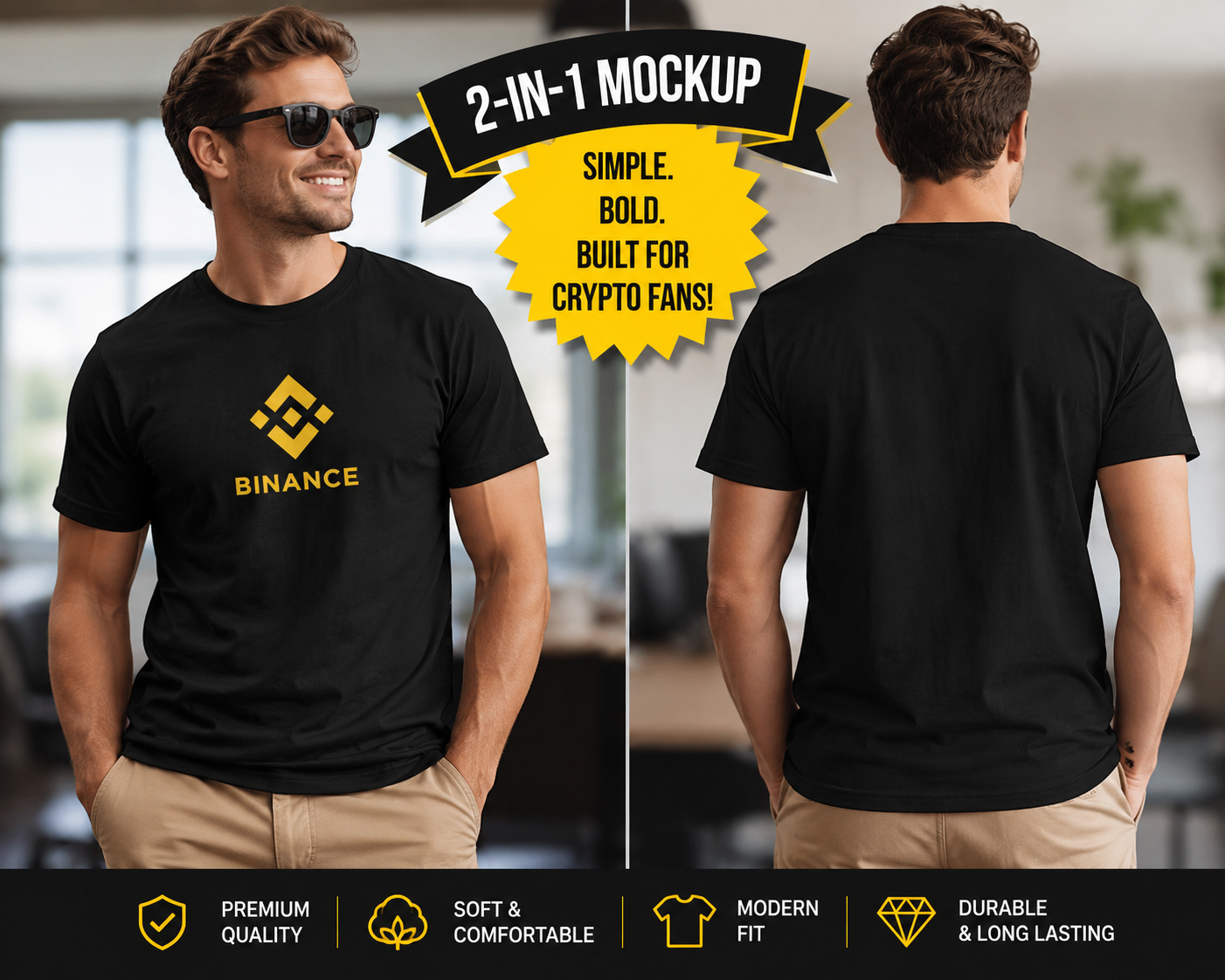 Sats and Stripes Binance (BNB) Crypto Blockchain T-Shirt with Bold Binance Logo Design Black Male Model