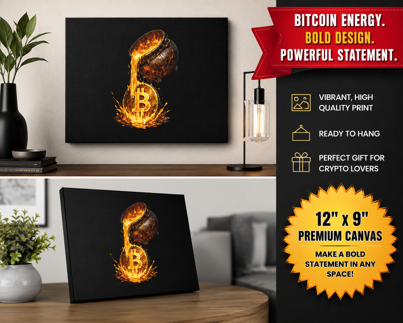 Sats and Stripes Molten Bitcoin Pour Canvas Bitcoin Wall Art 12 x 9 in context