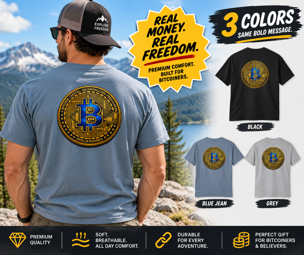 SatsandStripes.com Blue and Gold Bitcoin Coin Back Print T-Shirt Crypto Decentralized Graphic Tee 3 colors 100% cotton