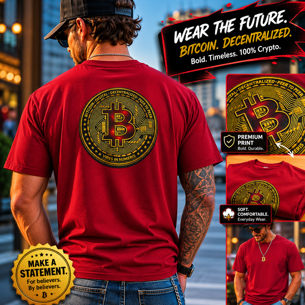 Red and Gold Bitcoin Coin Back Print T-Shirt Crypto Decentralized Graphic Tee 5 colors 100% cotton
