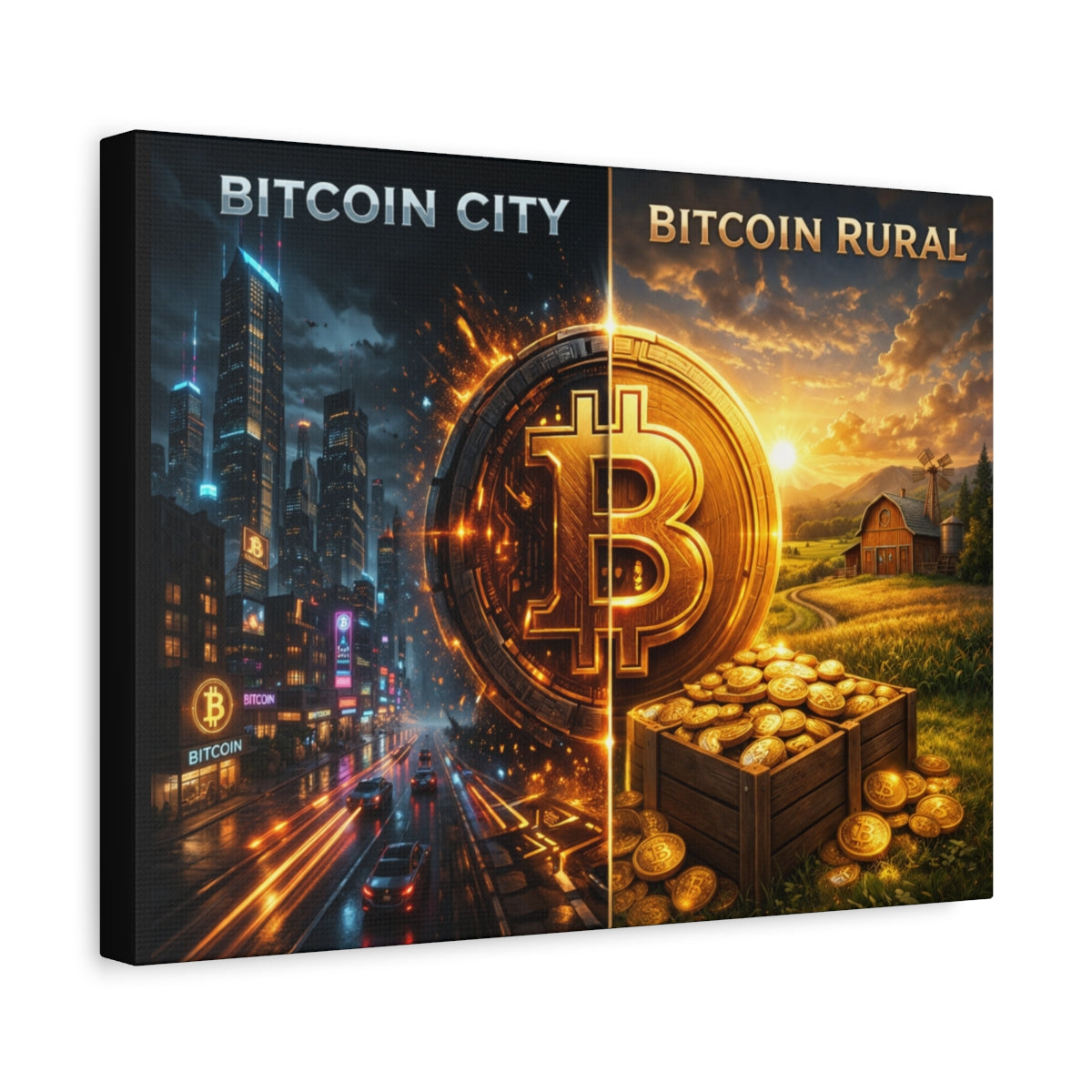 Bitcoin City vs Bitcoin Rural Canvas Wall Art 16 x 12