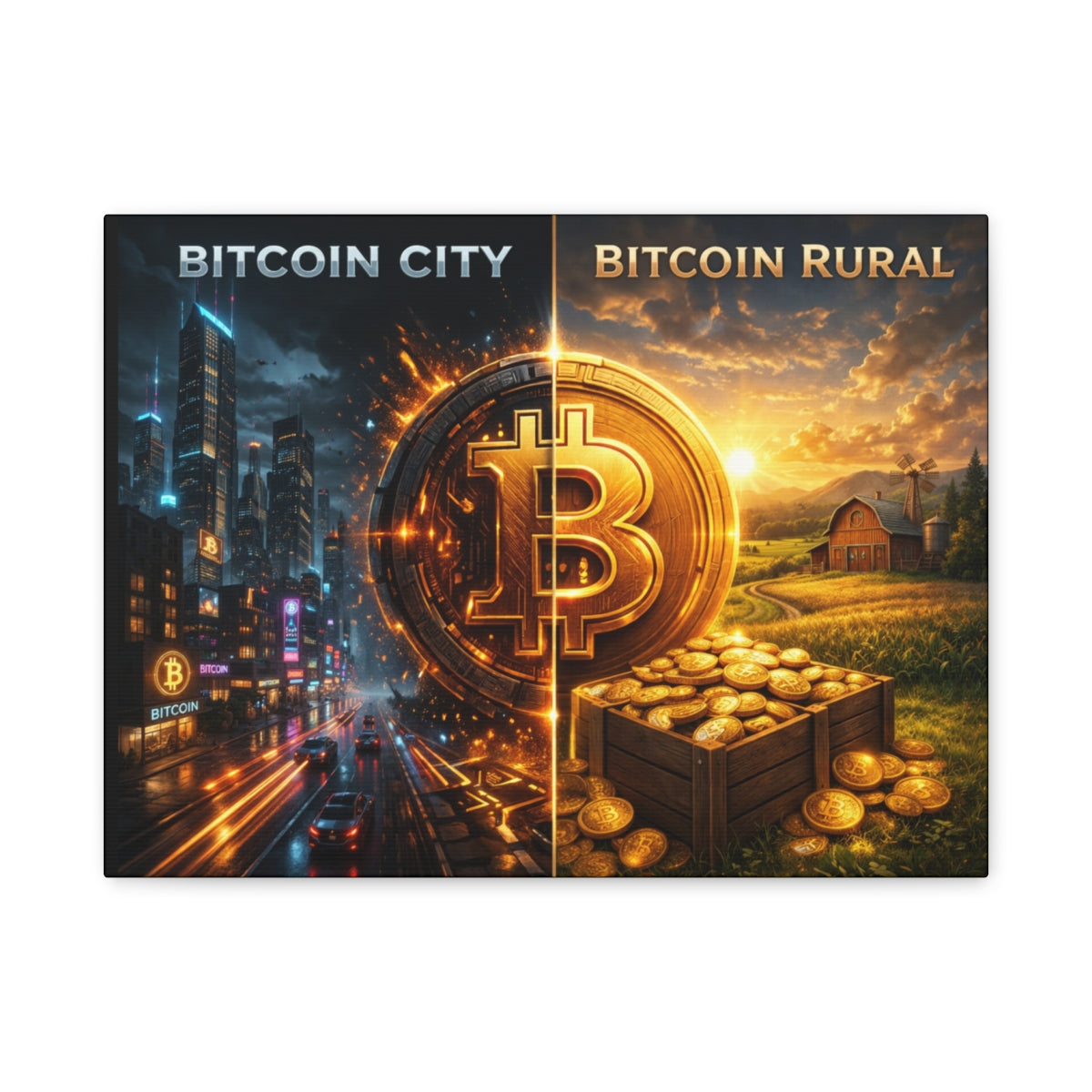 Bitcoin City vs Bitcoin Rural Canvas Wall Art 16 x 12