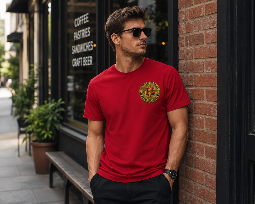 Bitcoin Red Gold Coin Pocket Logo T-Shirt 4 colors 100% cotton