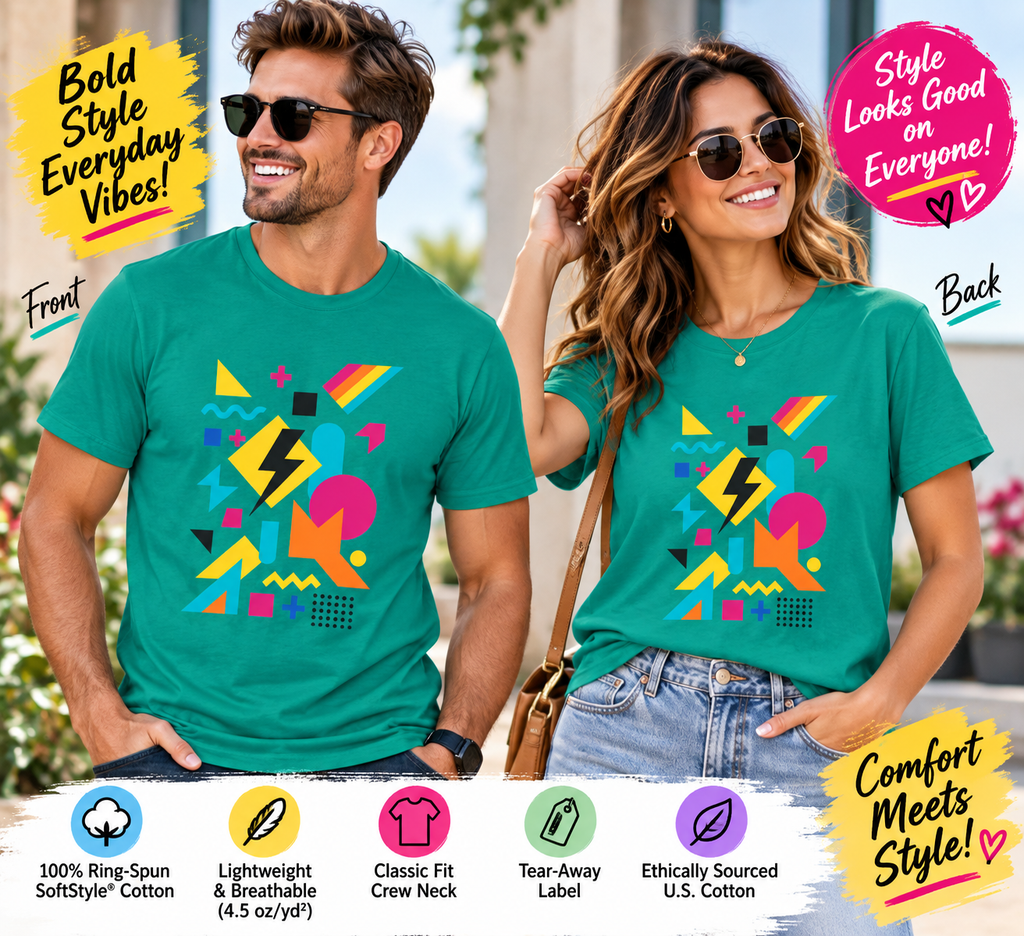 SatsandSripes.com Colorful Geometric Print Softstyle® T-Shirt Graphic Tee Casual Wear Street Style Gift Idea 7 colors 100% cotton