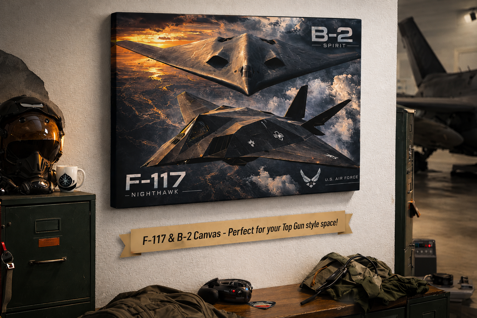 F-117 Nighthawk & B-2 Spirit Stealth Bomber Canvas Fighter Jet Wall Art Military Aviation Decor Air Force Aircraft Canvas 24 x 16