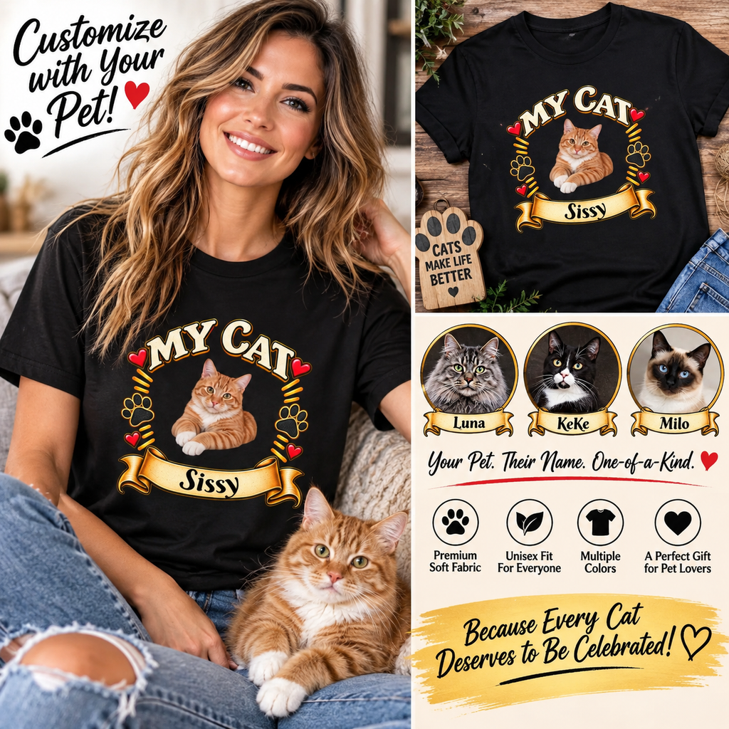 SatsandStripes.com My Cat Personalized Softstyle® T-Shirt – Custom Pet Photo Cat Lover Shirt 6 colors - 100% cotton
