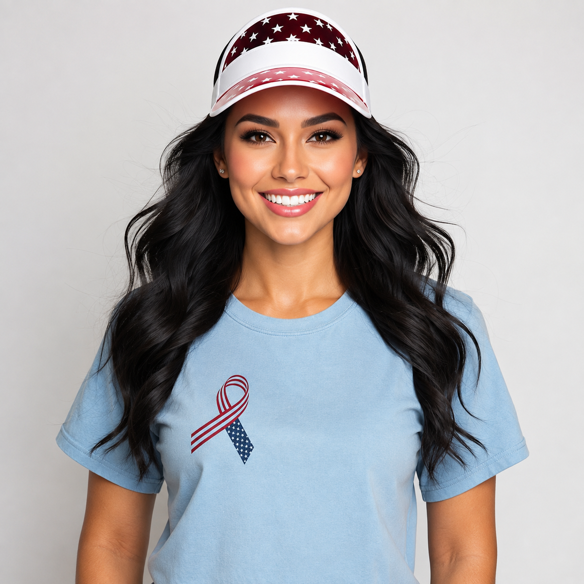 Sats and Stripes Patriotic Awareness Ribbon T-Shirt Red White Blue USA Veterans Memorial Support Shirt Blue Female Model