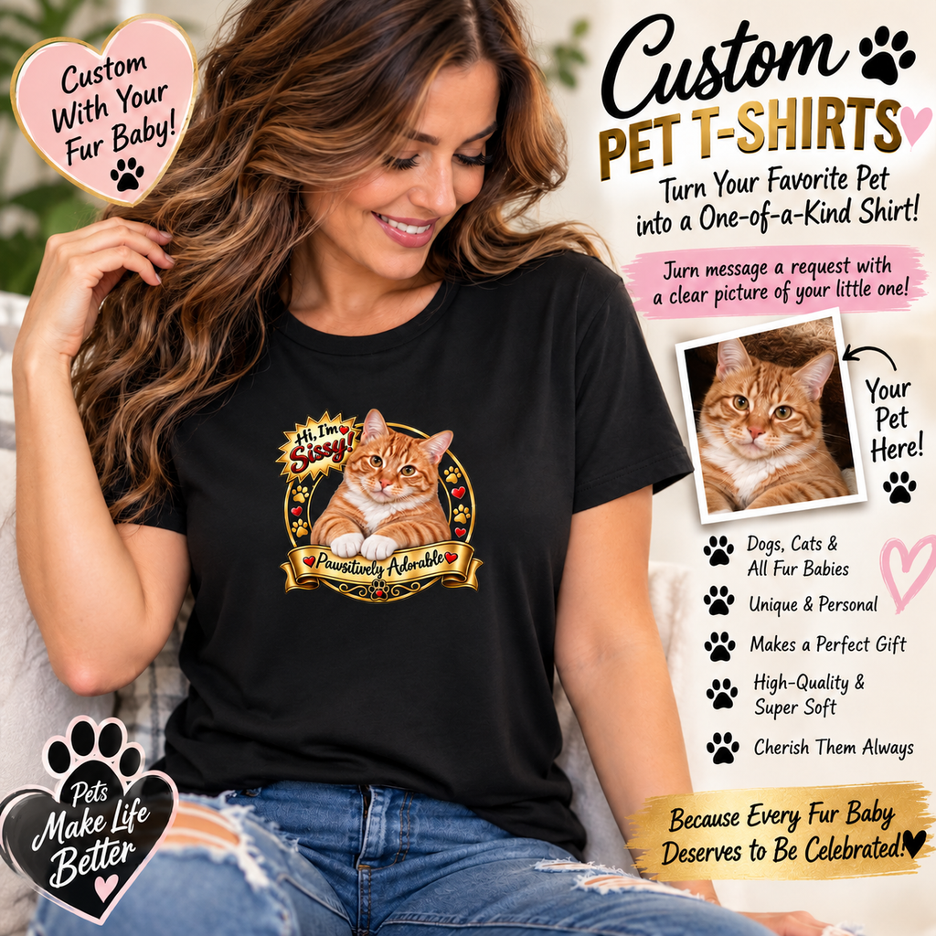 SatsandStripes.com Custom Fur Baby Women’s T-Shirt – Personalized Pet Photo Tee Cat Favorite Pets 4 colors - 100% cotton